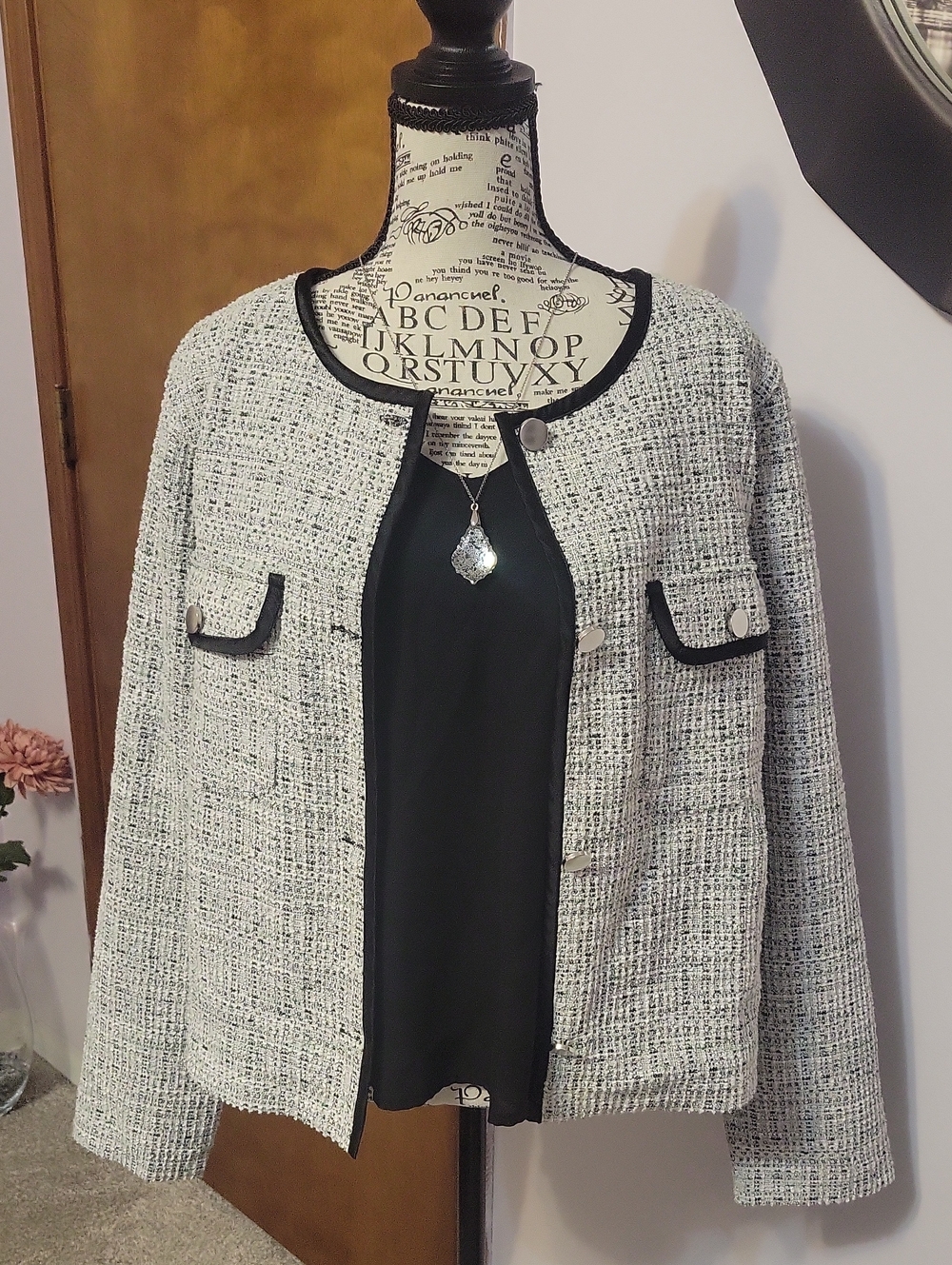 Isaac Mizrahi Black and White Tweed Collarless Jacket with Black Trim